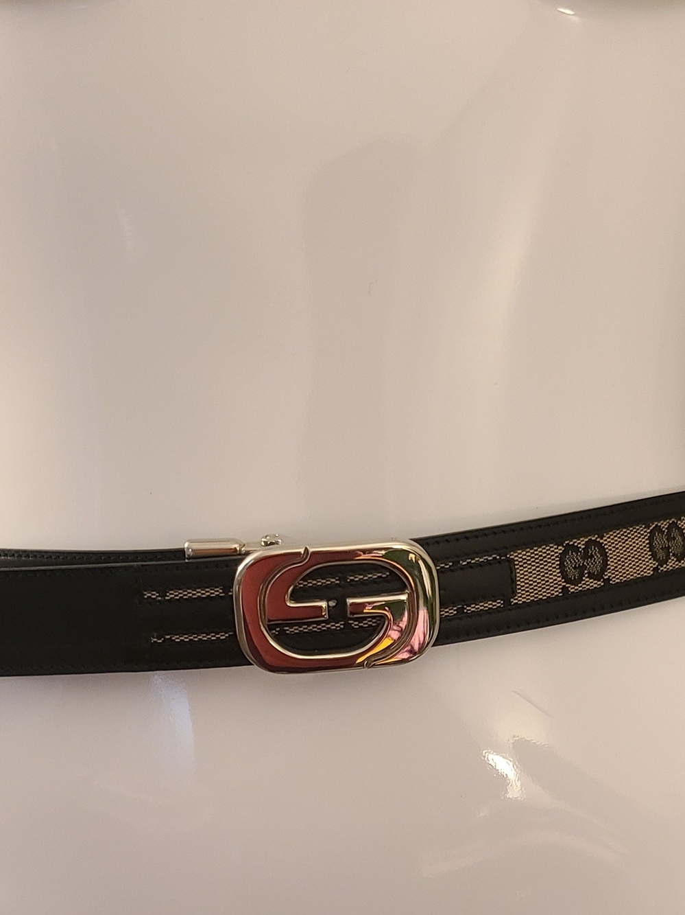 Gucci Black Monogram Strap Belt with Silver Interlocking G Buckle